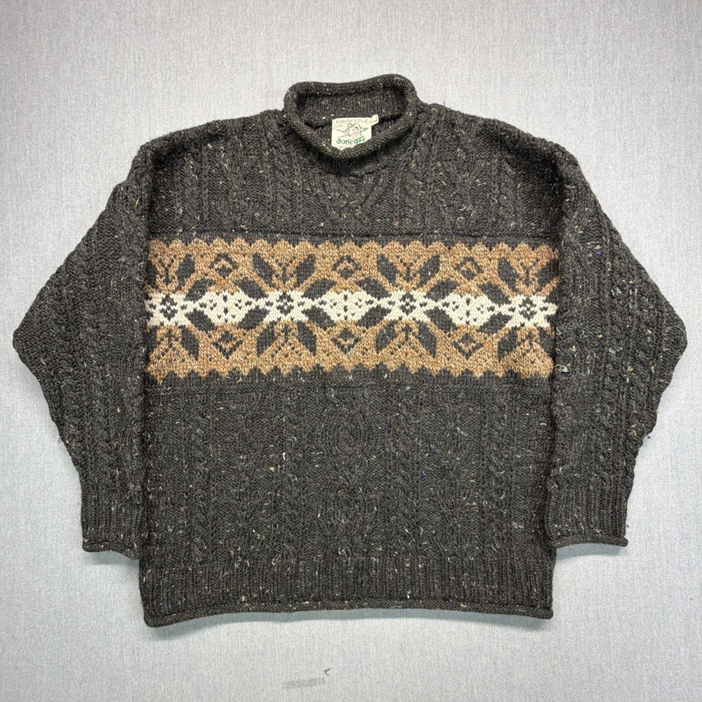 Donegalβ Cable Knit Fair Isle Sweater Men's Large 100% Wool Scotland Aran